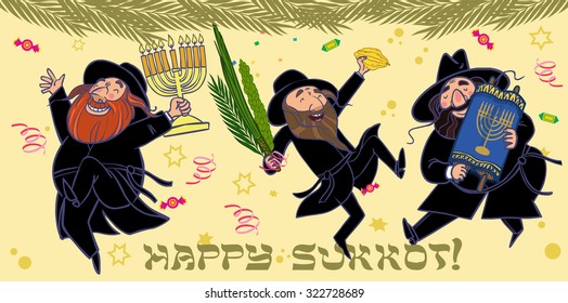 Funny cartoon jewish man dancing wiht ritual plants for Sukkot.  Vector illustration