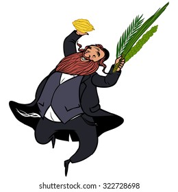 Funny cartoon jewish man dancing wiht ritual plants for Sukkot.  Vector illustration