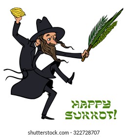 Funny cartoon jewish man dancing wiht ritual plants for Sukkot.  Vector illustration