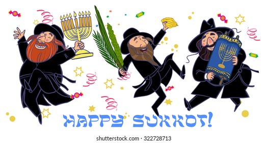 Funny cartoon jewish man dancing wiht ritual plants for Sukkot.  Vector illustration