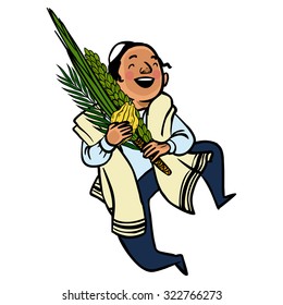 Funny cartoon jewish man dancing with ritual plants for Sukkot.  Vector illustration