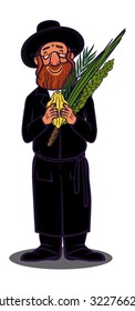 Funny cartoon jewish man with ritual plants for Sukkot.  Vector illustration