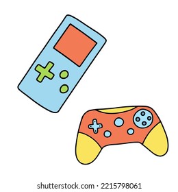 Funny cartoon joystick. Electronic game. Doodle vector gamepad isolated on white