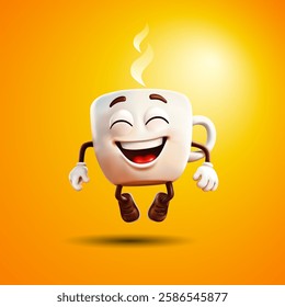 Funny cartoon jumping coffee cup on orange background. vector illustration