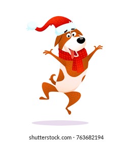 Funny cartoon jumping dog. Xmas flat joyful character design. Puppy isolated on white background. Terrier wearing red Santa Claus hat laughs and jumps. Christmas or New Year 2018 vector illustration.