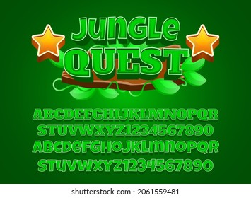 funny cartoon jungle quest with wooden frame and branch leaves for game logo title text effect