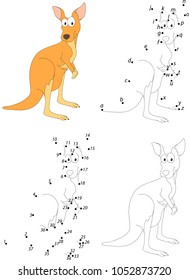 Funny cartoon kangaroo. Coloring book and dot to dot educational game for kids