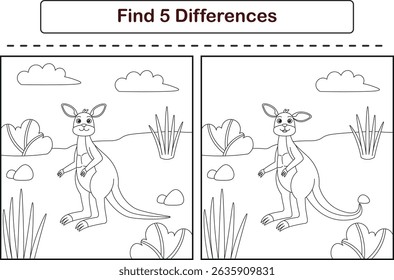 Canguru engraçado de desenho animado. Encontre 5 diferenças. Crianças Educação jogos. Ilustração de vetor de desenhos animados