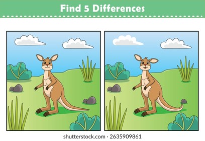 Canguru engraçado de desenho animado. Encontre 5 diferenças. Crianças Educação jogos. Ilustração de vetor de desenhos animados
