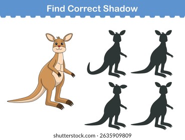Engraçado canguru desenho animado. encontrar a sombra correta. Crianças Educação jogos. Ilustração de vetor de desenhos animados