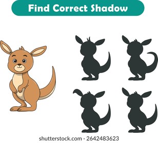 Funny cartoon kangaroo. find the correct shadow. Kids Education games. Cartoon vector illustration