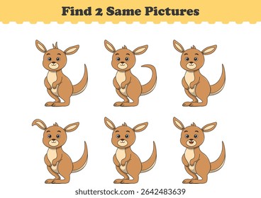 Funny cartoon kangaroo. Find two same pictures. Educational game for children. Cartoon vector illustration