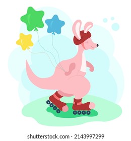 Funny cartoon kangaroo in protective helmet is rollerblading isolated on white background, with colorful balloons like star. Vector illustration