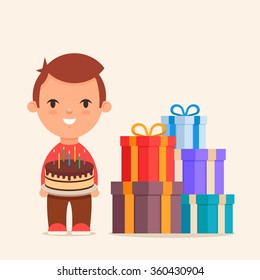 Funny Cartoon Kid with Birthday Cake Standing Near the Gift Boxes. Colorful Vector Illustration