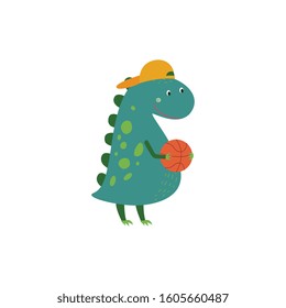 Funny cartoon kid dinosaur, cute green dino monster with backwards cap and basketball ready to play, cool teenage t rex smiling, isolated hand drawn vector illustration on white background