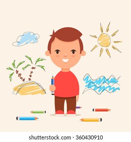 Funny Cartoon Kid Drawing on the Wall. Colorful Vector Illustration