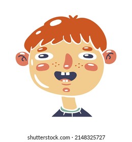 Funny cartoon kid with red hair and frills on the face. Flat cartoon style. Vector illustration.