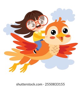 Funny Cartoon Kid Riding Bird