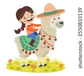 Funny Cartoon Kid Riding Llama