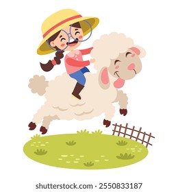 Funny Cartoon Kid Riding Sheep