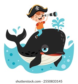 Engraçado Desenho Animado Kid Riding Whale