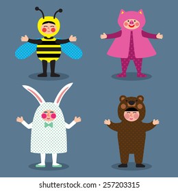 Funny cartoon kids in costumes of rabbit, pig,bee and bear. Set of children's  costumes. Vector