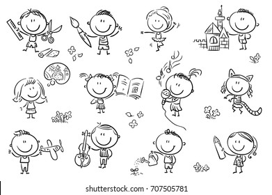 Funny cartoon kids engaged in different creative activities like drawing, singing, modelling and so on. No gradients used, easy to print and edit. Vector files can be scaled to any size.