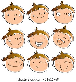 funny cartoon kid's faces having different expressions. See line art version in my portfolio