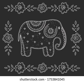 Funny cartoon kid's folk art. Elephant surrounded by flowers. Children's drawing in the Scandinavian style. Stylization of chalk drawing.