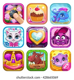 Funny cartoon kids games elements, app icons set, vector application store assets