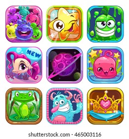 Funny cartoon kids games elements, app icons set, vector application store assets