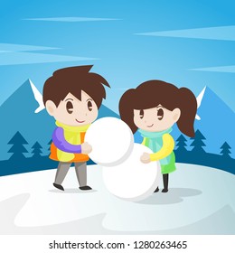 Funny Cartoon of Kids Playing Snow Illustration for Comic and Drawing