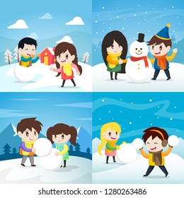 Funny Cartoon of Kids Playing Snow Illustration for Comic and Drawing