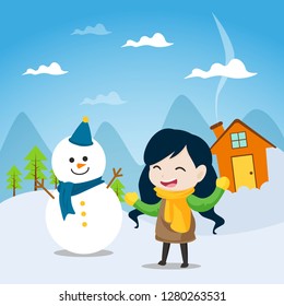 Funny Cartoon of Kids Playing Snow Illustration for Comic and Drawing