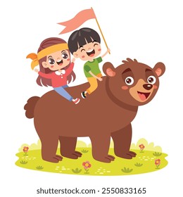 Funny Cartoon Kids Riding Bear