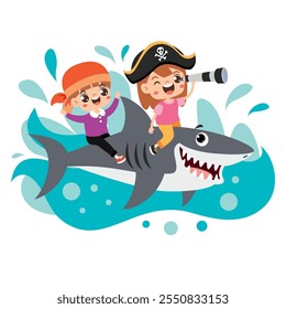 Funny Cartoon Kids Riding Shark