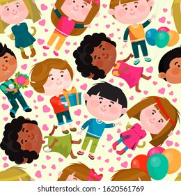 Funny cartoon kids seamless pattern. Seamlessly cute babies vector illustration. Childhood little fun patterned baby. Wallpapers playrooms, wrapping gifts printable pattern