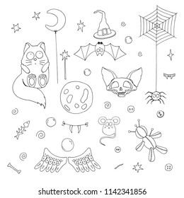 Funny cartoon kid's stickers set halloween party vector sketch