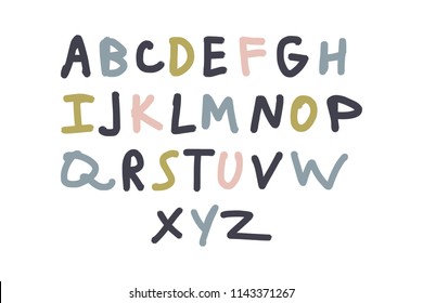 Funny cartoon kids style font, alphabet. Vector, clipart, isolated letters, editable details.