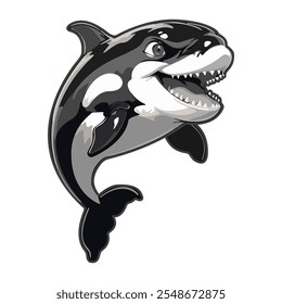 Funny cartoon killer whale. Template for logo, sticker, badge, poster design. Vector illustration. Marine life. Animals and wildlife. 