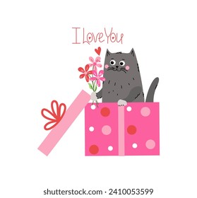 Funny cartoon kitten with flowers in a gift box. Valentine's Day, Birthday. Cat with a bouquet and hearts. Greeting card with the inscription I love you. Doodle style drawing.