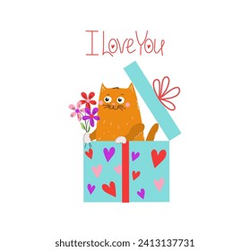 Funny cartoon kitten with flowers in a gift box. Valentine's Day, Birthday. Cat with a bouquet and hearts. Greeting card with the inscription I love you. Doodle style drawing.