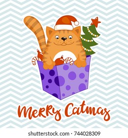 Funny cartoon kitten in a gift box. Handwritten inscription-pun Merry catmas. Vector illustration is suitable for greeting cards, posters and prints on clothes.