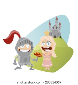 funny cartoon knight giving flowers to a princess