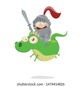 funny cartoon knight riding on a cute dragon