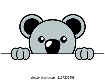 Caricatura divertida de un oso koala mirando desde detrás de la pared, ilustración vectorial