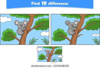 Funny cartoon koala. Find 10 differences. Kids Education games. Cartoon vector illustration