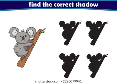 Caricatura divertida koala. encuentre la sombra correcta. Juegos de educación infantil. Ilustración vectorial de dibujos animados