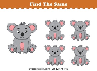 Funny cartoon koala. Find same pictures. Educational game for children. Cartoon vector illustration