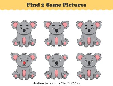 Funny cartoon koala. Find two same pictures. Educational game for children. Cartoon vector illustration